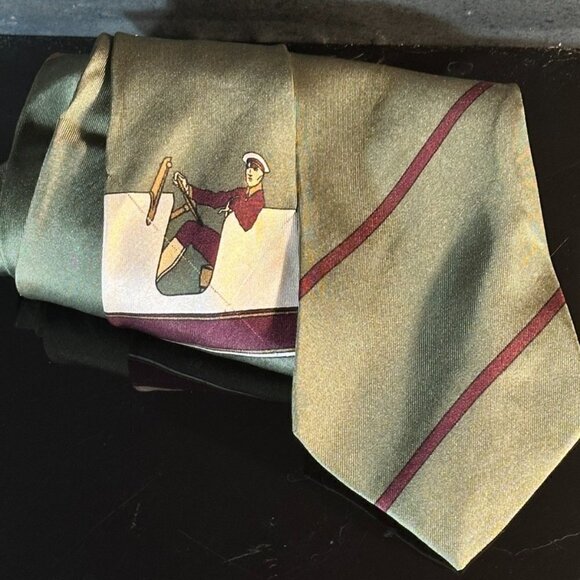 Claude Montana Silk Tie Retro Mid Century Modern Yacht Green Sailing Captain - Picture 1 of 7